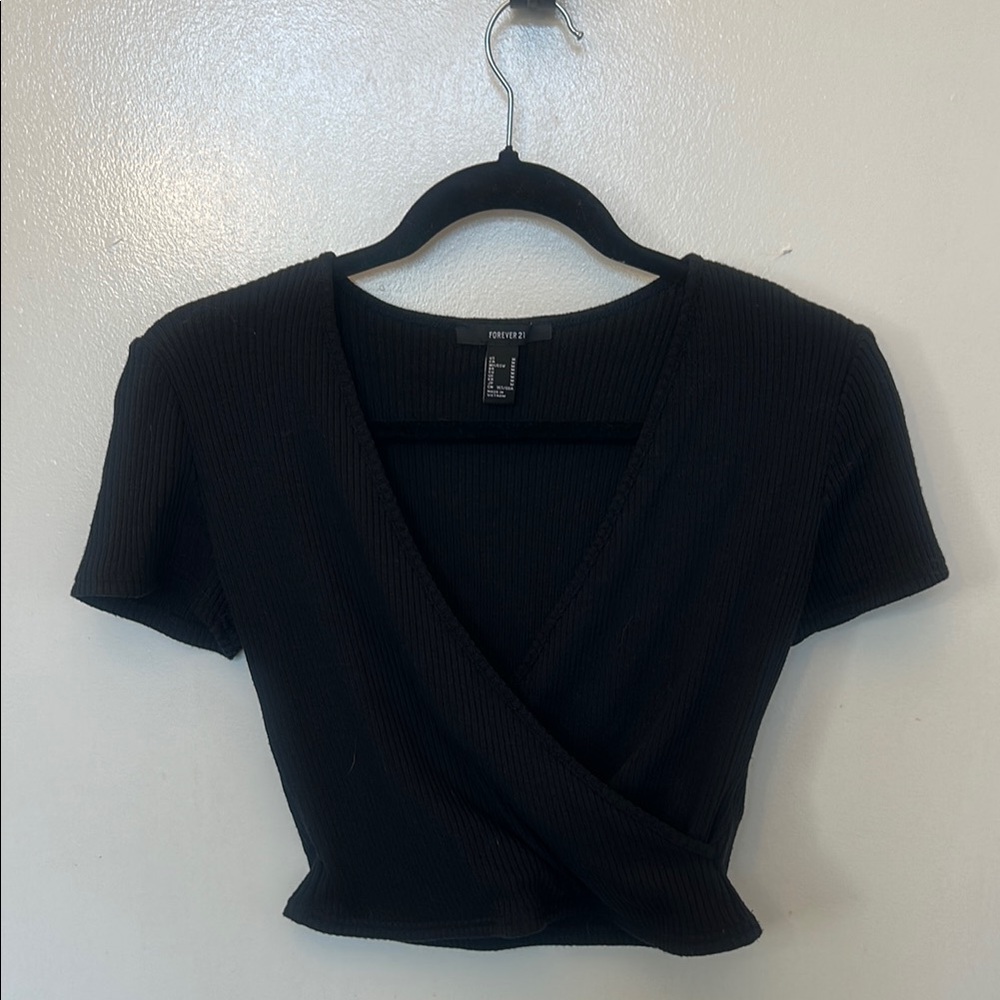 Forever 21 Black Ribbed Wrap-Front Crop Top